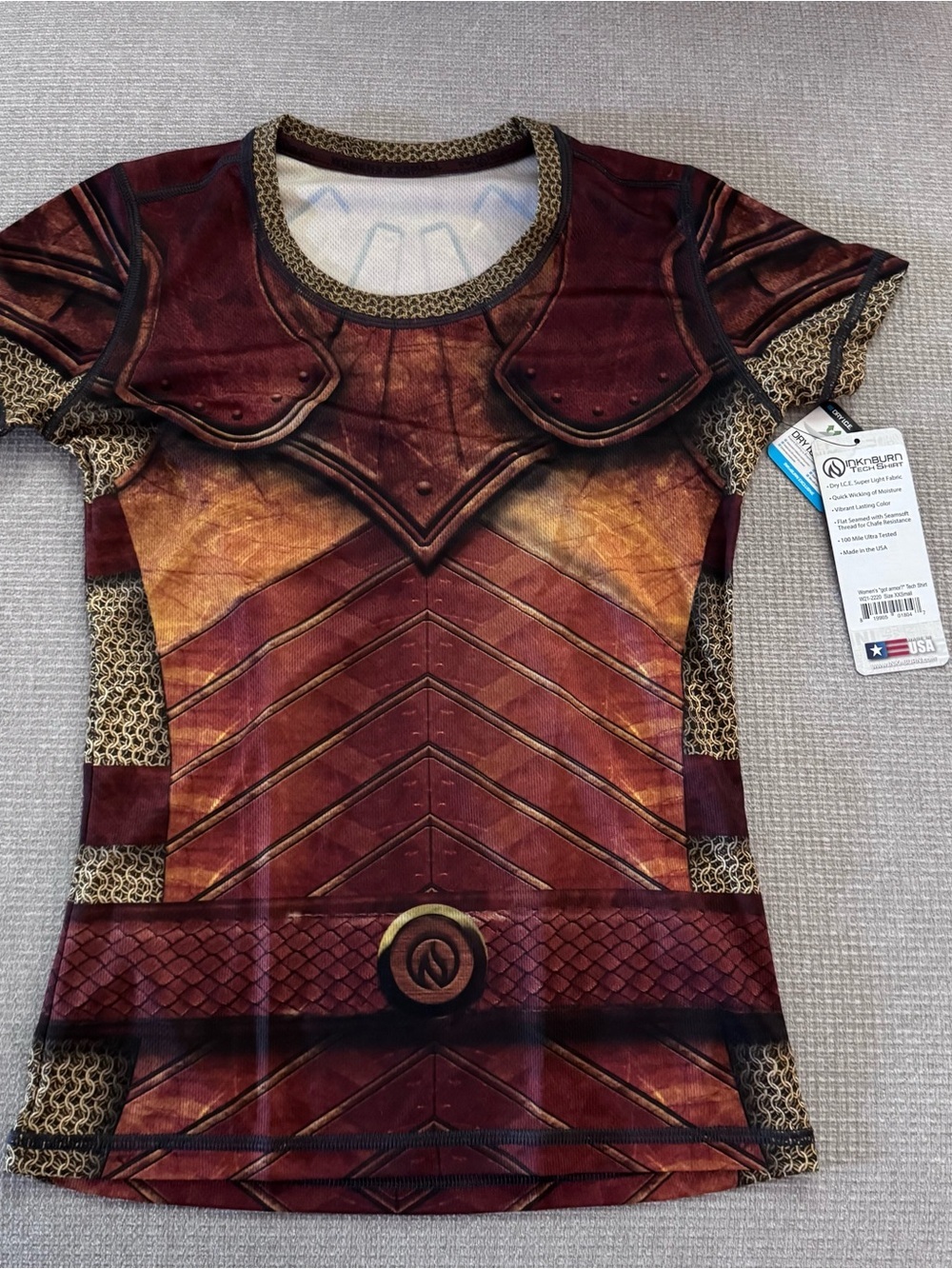 INKnBURN Medieval Armor Graphic Tech Tee in Burgundy and Gold women XXS